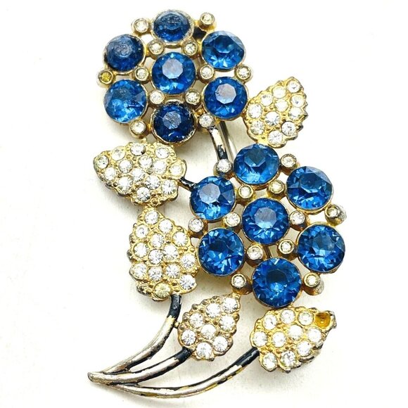Vintage Double Flower Stem Pin Blue and Clear Rhinestones Gold Tone Floral READ - Picture 1 of 7